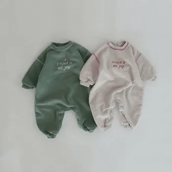 0-2y Recém-nascido de Crianças Meninos do Bebê Carta de Romper Estrela Bonito Bordado Playsuit Meninos de Lã Quente Outwear Macacão Infantil de Malha Macacão