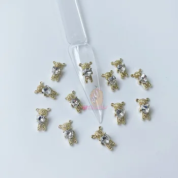 10Pcs Kawaii Prego Encantos Urso de Ouro Zicron Liga 3D Manicure Decoração de Lantejoulas Glitter para Unhas Acessórios