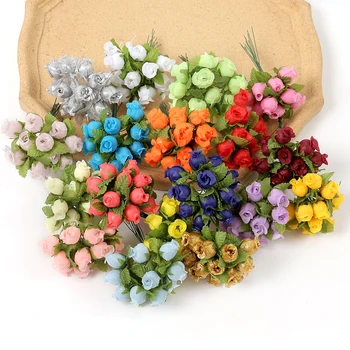 12PCs/monte Mini Artificial Rosa Buquê de Flores de Seda Falso Flores Para Casa, Decoração de Casamento, Decoração de Artesanato de Coroa de flores, Presente Acessórios