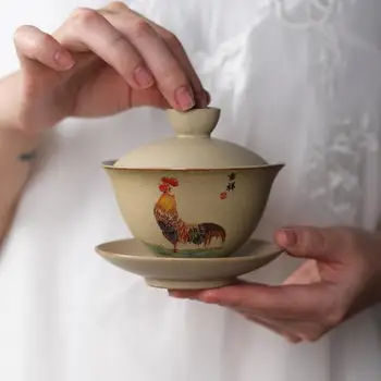 150ml Vintage Jingdezhen Xícara de Chá Chinês Teaset Galo Office GaiWan Arcaico Cerâmica Tigela de Chá de Chá Xícara de Café e Pires Conjunto