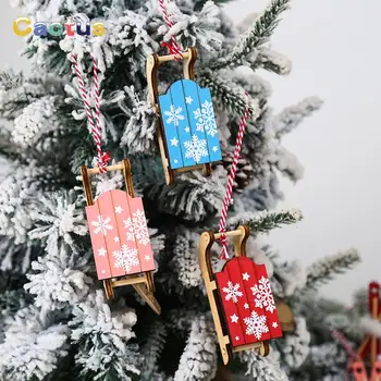 1Set de Natal Pendurado Pingentes de Trenó Árvore de Natal Decoração de Casa de Casa de bonecas de Enfeite de Miniture Esqui de Madeira Placa de Presente de Ano Novo