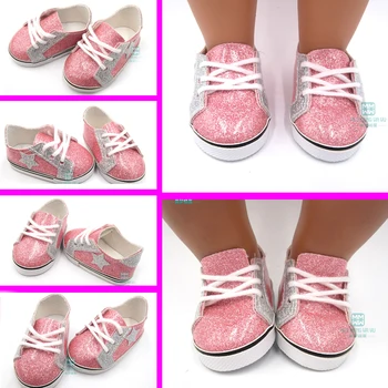 2019 Nova de 7,5 cm de baby doll sapatos para 43 cm recém-nascido boneca e acessórios da boneca Americana de moda cor-de-rosa brilhante tênis