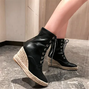 2019 o mais novo de mulheres ankle boots zip dedo apontado cunhas botas de plataforma de outono, moda de inverno festa de casamento sapatos de mulher