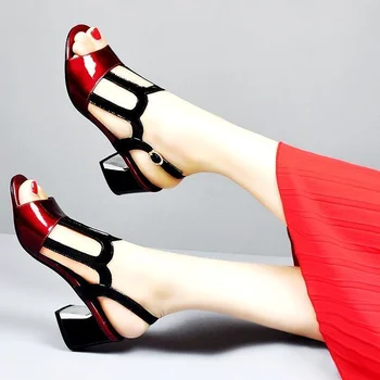 2021 Novas Mulheres Peep Toe Sandálias,Verão e Salto Quadrado Médio Calcanhar,Fivela no Tornozelo,Ocos Sapatos,Estilo coreano,Feminino, Calçados,vermelho Vinho