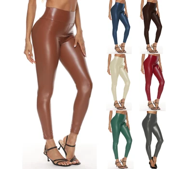 2021 Novo PU Calças Womens Leggings, Calças de flexões de Quadril Magrinha Sexy Cintura Alta Calças Slim Legging