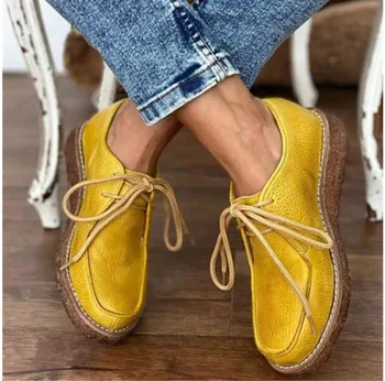 2021 Outono Novas Mulheres da corte Baixo, Tamanho Grande Dedo do pé Redondo Sapatos femininos Moda Cor Sólida Frente de Lace-up Casual Único Sapatos Mulheres
