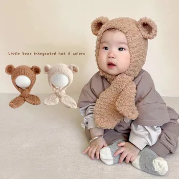 2022 Bebê Integrado De Chapéu E Lenço De Outono, Moda De Inverno Menino Bebê Urso Bonito Engrossar Abafador Cap Criança Menina Sólido Aquecido Chapéus