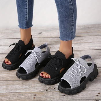 2022 das Mulheres do Verão as Sandálias de Malha Casual Shoes Preto Plataforma de Lace-Up Sandálias de Dedo do pé Aberto Sapatos de Praia da Mulher Nova