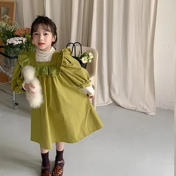 2022 moda Outono meninas laço de retalhos praça gola do vestido da menina de 2 cores de algodão muito estilo vestido de princesa