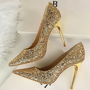 2022 Mulheres 7cm de 9,5 cm de Salto Alto Lantejoulas Glitter de Luxo Designer Bombas Plus Size 43 Nupcial do Casamento de Ouro dos Namorados Sapatos Scarpins