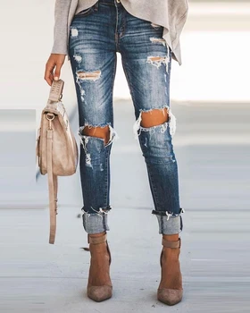2022 Mulheres De Cintura Alta Rasgado Recorte Jeans Outono Casual Cintura Alta Longa Lápis Calças Das Mulheres Queda Roupas Loungewear Calças De Novo