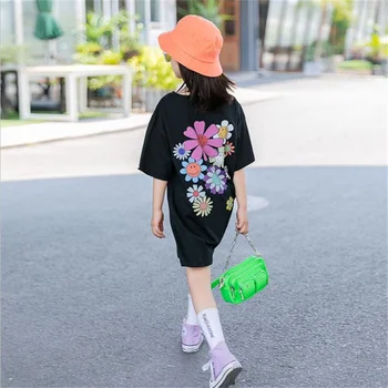 2022 Novo Adolescentes Crianças T-shirt de Vestidos para Meninas de Curto manga estampa Floral do Vestido de Verão para Crianças Bonito com Roupas Casuais