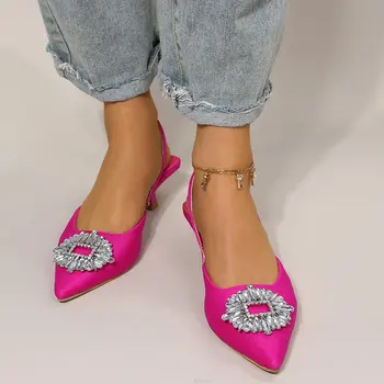 2022 Novos Sapatos femininos Dedo Apontado Superficial Nude cor-de-Rosa Diamante Sapatos de Salto Baixo de Volta Tiras Sapatos Mulheres