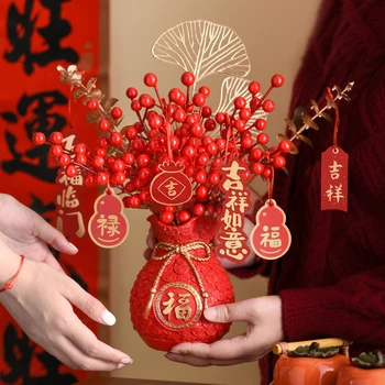 2023 Ano Novo Chinês Decoração Vermelha Fortuna Fruto Artificial de Ouro de Eucalipto, Folha de Sorte Flor Saco de Dinheiro com Frutas Vermelhas vas