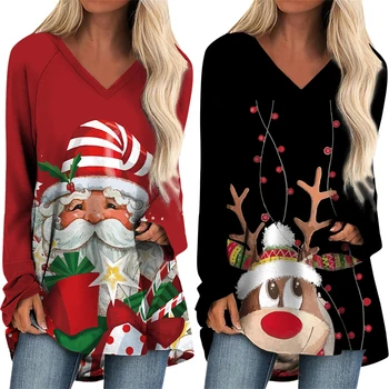 2023 Feliz Natal T-Shirt Nova Papai Noel e Alces Impressão 3D Mulheres Tops de Natal do sexo Feminino Casual de Alta Streetwear de Manga comprida T-Shirts
