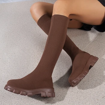 2023 Novo Inverno Trecho de Meia Botas Over The Knee Boots Mulheres de Espessura Inferior Slim Salto Alto Tamanho Grande Dedo do pé Redondo Botas
