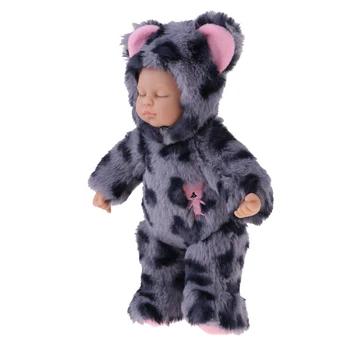 25cm de estampa de Leopardo Simulação Renascer Bebê de Olhos Fechados Realistas de Silicone Brinquedos Educativos para Meninas Dormindo Boneca (Cinza Escuro)