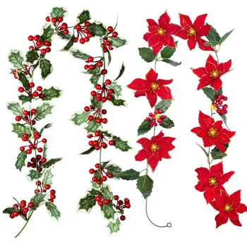 2M de Natal Artificial Holly Folhas de Videira Garland Frutas Vermelhas Hera Trepadeira Árvore de Natal de Vime Coroa de Suspensão de Enfeites para a Decoração Home