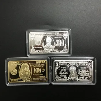 3 pcs USD 5 100 500 dólares dos Estados Unidos lingote de 24k, real, ouro, prata banhado a 50 mm x 28 mm lembrança decoração de ouro e barra de
