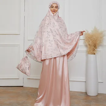 3 Peça Abaya Conjunto De Eid Mubarak Cor-De-Rosa Niqab Turquia Islã Khimar Vestimenta Muçulmana Oração Roupas De Mulheres Ensemble Femme Musulmane Ramadã