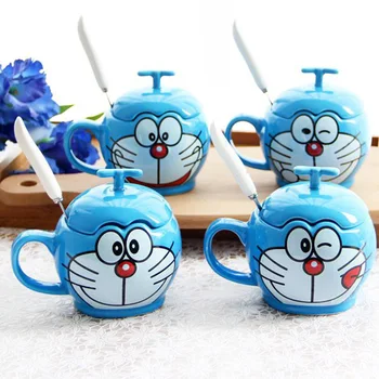 350ml Casal Caneca de Cerâmica com Tampa e Colher de Simples Doraemon dos desenhos animados da Caneca de Café, Copo de Café da manhã Crianças de Presente de Aniversário Copa
