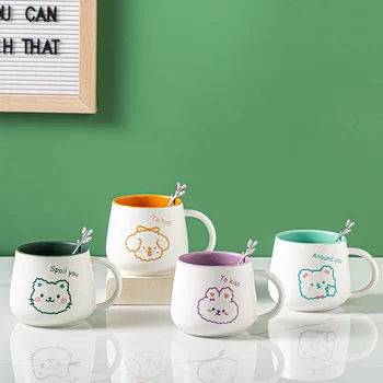 350ml de Animal Bonito Caneca de Cerâmica com Colher Kawaii Cartoon Casa Buffet de Chá de Leite de Copo de Café para as Crianças de Família Casal Copos de Presente