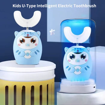360° de Crianças Automática Escova de dentes Elétrica em Forma de U, dos desenhos animados Padrão para Crianças de 6 Modos de Limpeza Sonic Escova de dentes com Luz Azul