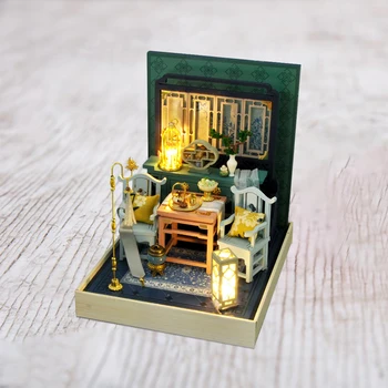 3D Casa de bonecas Vintage Móveis de Sala de estar em Miniatura quebra-Cabeças Kit de Construção de Casa de Boneca de Brinquedo com Cobertura à prova de Poeira para Meninas de Presente