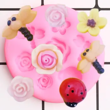 3D Libélula Joaninha Moldes de Silicone Rosa Flor Cupcake Topper Fondant de Fadas Jardim de Decoração do Bolo de Resina de Chocolate do Molde