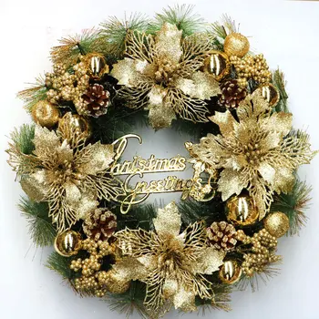 40CM de Ouro e Vermelho, Guirlanda de Natal da Porta de Suspensão Decorações Feliz Natal Decorações para a Casa Agulhas de Pinheiro Coroa de flores