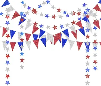 4ª Quarta de julho de Glitter Vermelha Azul Prata Branca Estrela Triângulo Garland Banner Para estados unidos da América Celebração do Dia da Independência Decoração