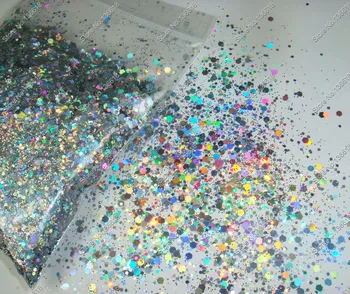 50gram x Laser Cor de Prata Glitter Misto Hexágono Forma de Pó para DIY Nail Art Decorações e Glitter Artesanato