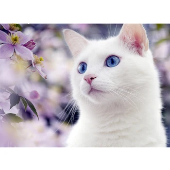 5D DIY Diamante Pintura Gato Branco Bordado de Diamante Bonito gatinho Cheio de Broca Imagem De Strass Mosaico de Flores da Decoração da Casa