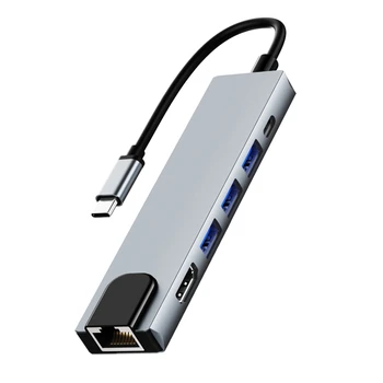 6 em 1 USB C Hub, com 1000Mbps Porta Ethernet, K 4 HDMI, 2 USB 3.0 e USB 3.1 Portas de Carga, Compatível com