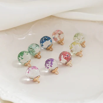 6pcs coreano Flor Eardrop de Flores Secas Na Bola de Vidro Brincos de vidro transparente bola pingente de diy jóias chave de acessórios