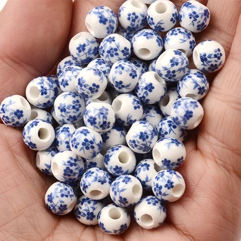 8mm china Azul Padrões florais Redondo de Porcelana Cerâmica Solta Esferas Espaçador Muito para DIY Artesanato Pulseira de Fazer Jóias