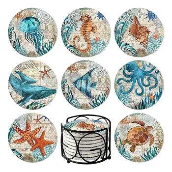 8PCS de Animais do Mar Padrão de Calor com isolamento de Cerâmica, porta-copos Com Suporte de Mesa Tapete Placemat Casa de Jantar, Sala de doação de Inauguração