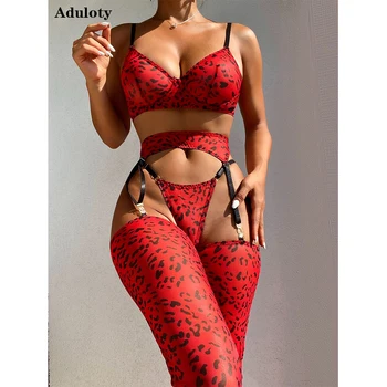 Aduloty Mulher de Vermelho estampa de Leopardo de Lingerie Sexy Conjunto de Fina Renda do Sutiã, cinta-Liga Tanga e Meias Tentação Erótica Cueca
