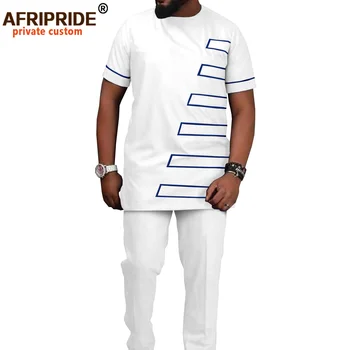 Africano de Roupas para Homens Dashiki, de Manga Curta T-Shirt Top e Calça de 2 peças do Conjunto de Bazin Riche Tradicional Africana Terno A2116016