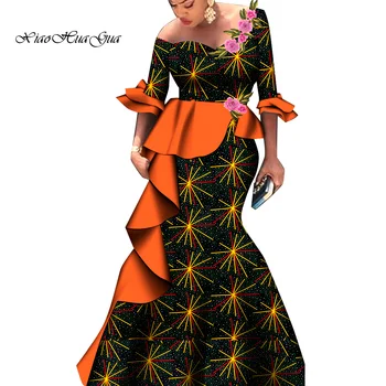 Africano de Vestidos para Mulheres de Design de Moda de Nova Africana Bazin Metade Flare Manga Plissado Vestido Longo com Applique Vestido Maxi WY9048