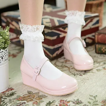 Anime Cosplay Lolita Doce Sapatos Ronda a Cabeça de Muffin Calcanhar Sapatos de Mulher Bowknot Kawaii Loli Cos Cunha Feminino Pu Calçados femininos