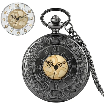 Antigo Preto Numerais Romanos Apresentar Oco Caçador Colar de Quartzo Relógio de Bolso Antigo Pingente de Corrente de Relógio Presentes para Homens Mulheres