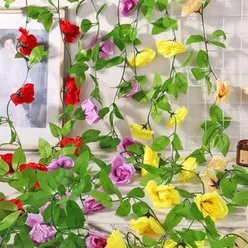Artificial Flores Rosa Vinha Pendurado Para Decoração de Parede de Vime Falso Plantas de Folhas de DIY Grinalda de Noiva Romântico a Decoração Home
