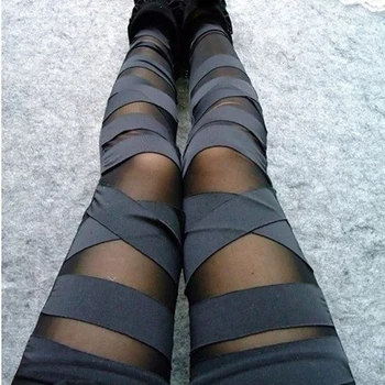 As mulheres de Moda Casual Gótico Legging leggins Slim Cintura Alta Leggings Mulher de Calças de Leite de Seda Oco Correia de Fitness Legging