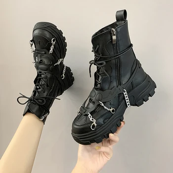 As mulheres Sapatos de Plataforma Botas do Punk, Gótico para as Mulheres Botas de Combate Senhoras de Black Metal Botão Mulher Motocicleta Tornozelo Botas Outono de Novo