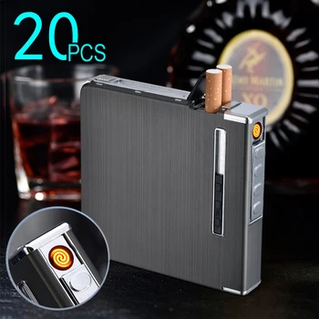 Automático portátil Caso do Cigarro Com o Isqueiro 20Pcs Capacidade de Metal Caixas de Cigarro Permeável de Carregamento USB Caixa de piteira