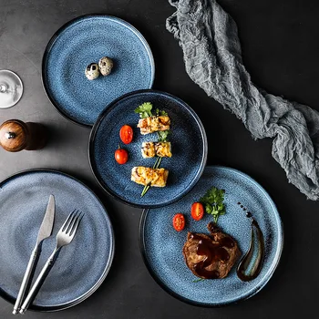 Azul Estrelado Nórdicos Chapa De Cerâmica Que Serve Rodada Bandeja Decorativa Salada, Sushi, Prato De Sobremesa De Porcelana, Louça De Mesa