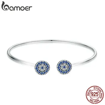 BAMOER 100% 925 Silver Blue Zircão Sorte Olhos Bracelete para as Mulheres a Abrir Bangle Cuff Clássico de Jóias de Luxo SCB058