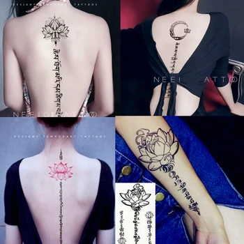 Black Lotus Totem Tatuagem Adesivos Impermeáveis Duração Temporária Tatuagem Sânscrito Arte Fake Tattoo de Volta Braço Tatuagens Sexy para Mulheres