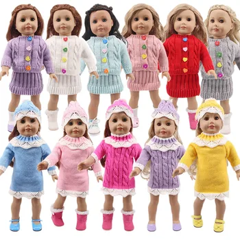 Boneca de Malha Cor de Botão de Camisola e Um pedaço de Vestido de Camisola+Chapéu De 18 Polegadas-Americana de 43 Cm Nascido Geração de Aniversário de Menina de Brinquedo de Presente